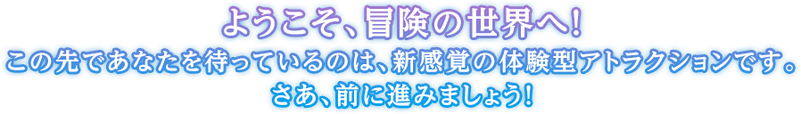 ようこそ、冒険の世界へ！この先であなたを待っているのは、新感覚の体験型アトラクションです。さあ、前に進みましょう！